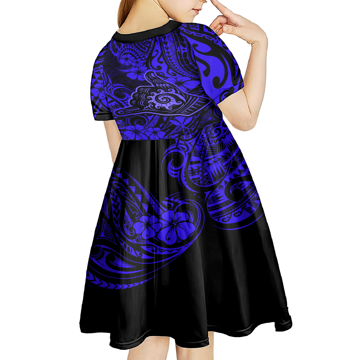 Hawaii Shaka Sign Kid Short Sleeve Dress With Polynesian Hibiscus Navy Blue Unique LT01 - Polynesian Pride