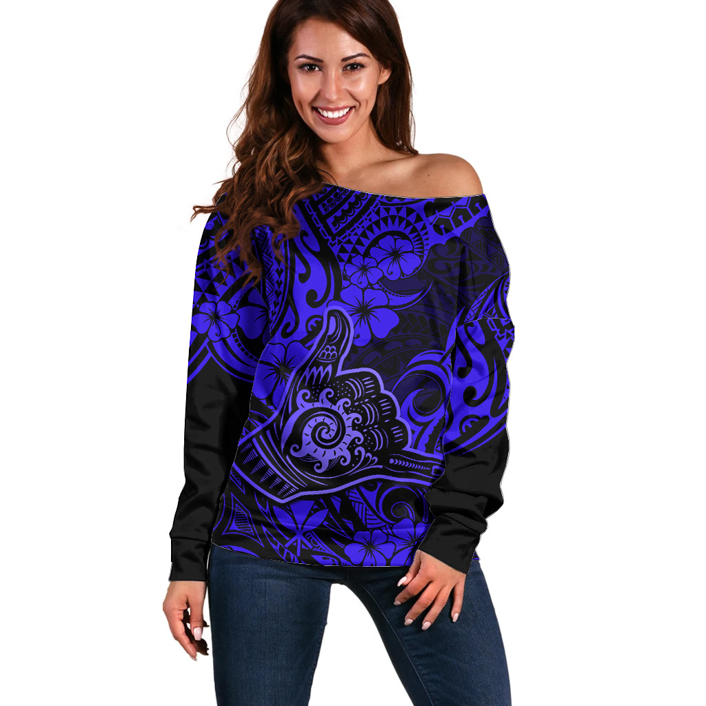 Hawaii Shaka Sign Off Shoulder Sweater With Polynesian Hibiscus Navy Blue Unique LT01 Women Blue - Polynesian Pride