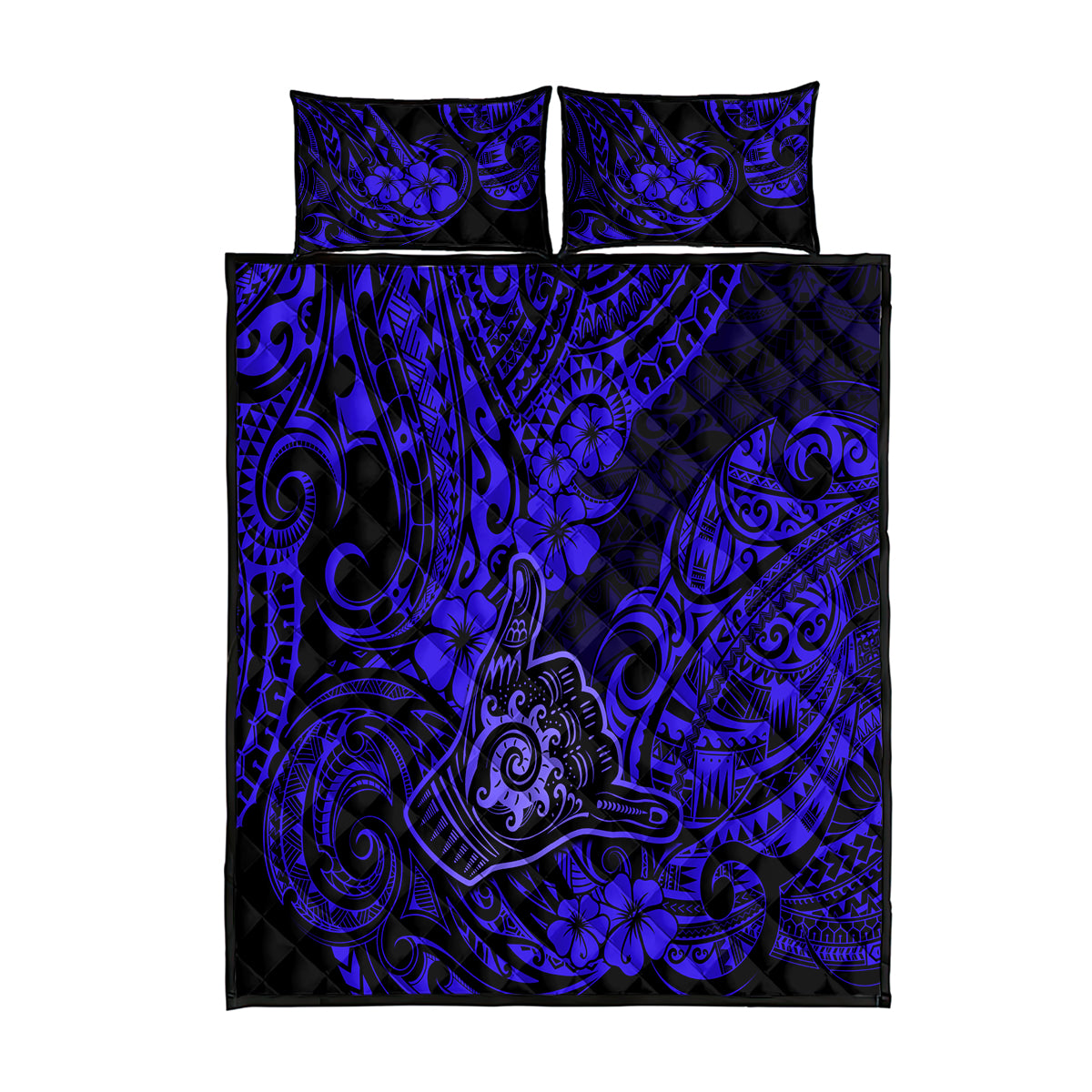 Hawaii Shaka Sign Quilt Bed Set With Polynesian Hibiscus Navy Blue Unique LT01 Blue - Polynesian Pride