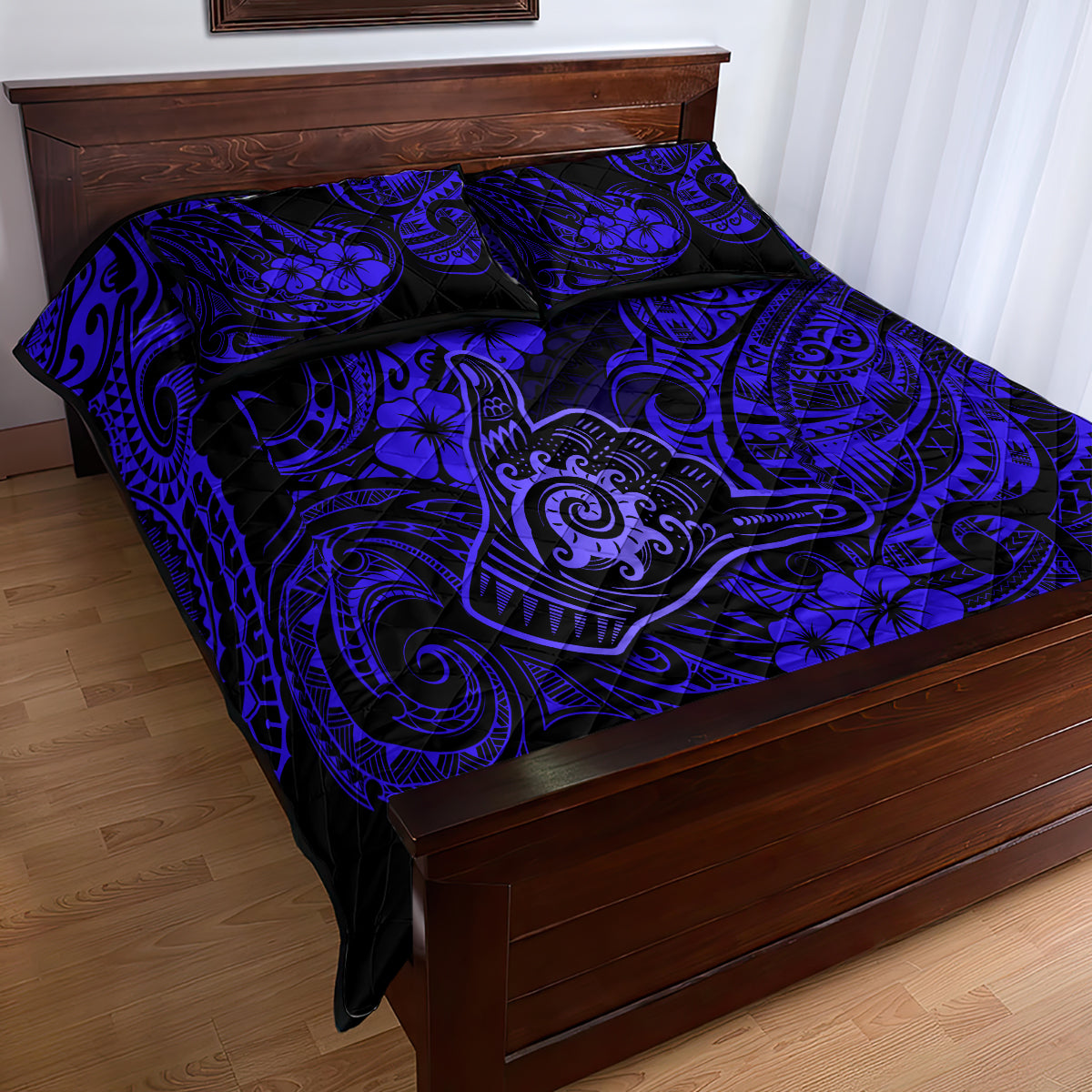 Hawaii Shaka Sign Quilt Bed Set With Polynesian Hibiscus Navy Blue Unique LT01 - Polynesian Pride