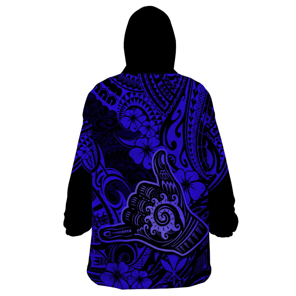 Hawaii Shaka Sign Wearable Blanket Hoodie With Polynesian Hibiscus Navy Blue Unique LT01 - Polynesian Pride