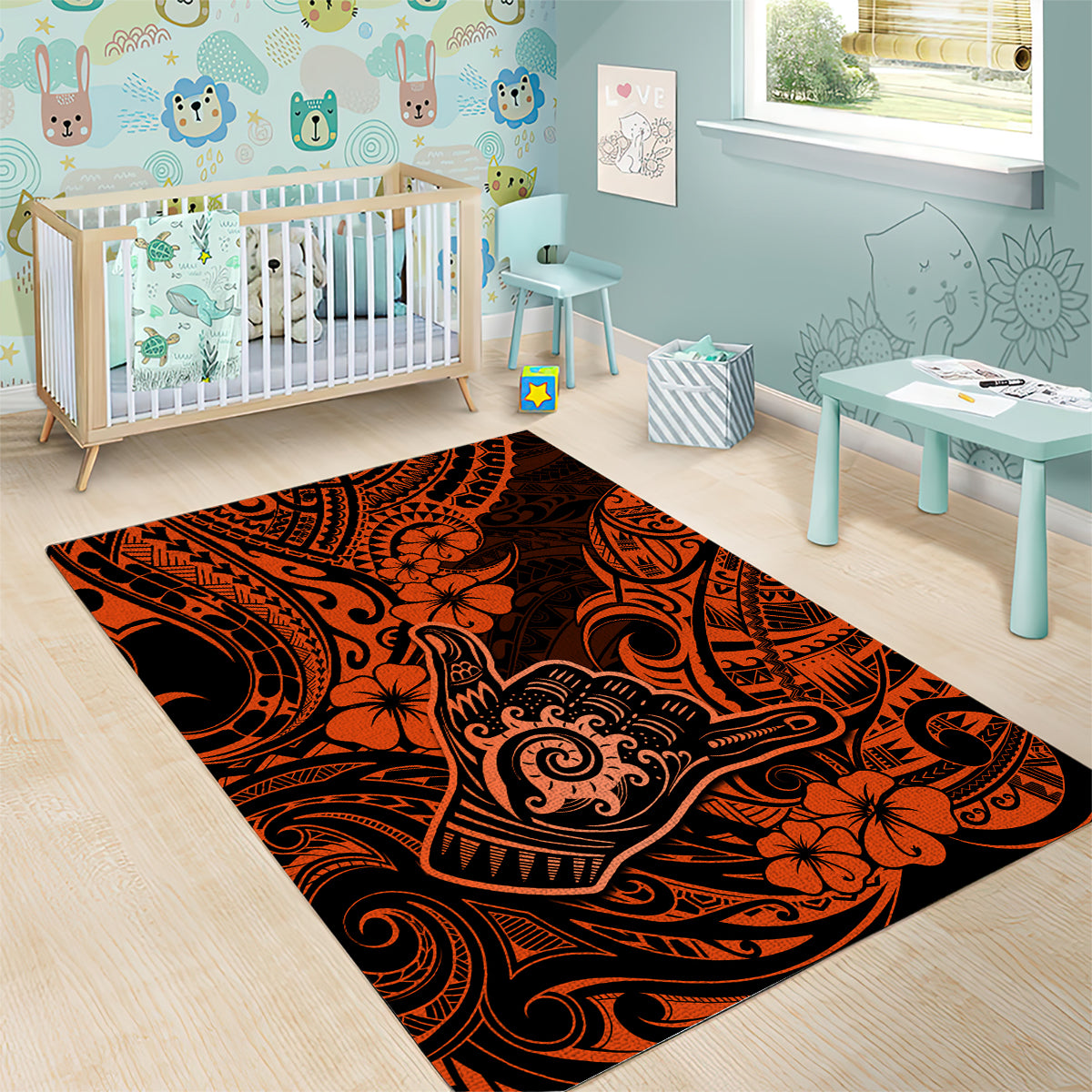 Hawaii Shaka Sign Area Rug With Polynesian Hibiscus Orange Unique LT01 - Polynesian Pride