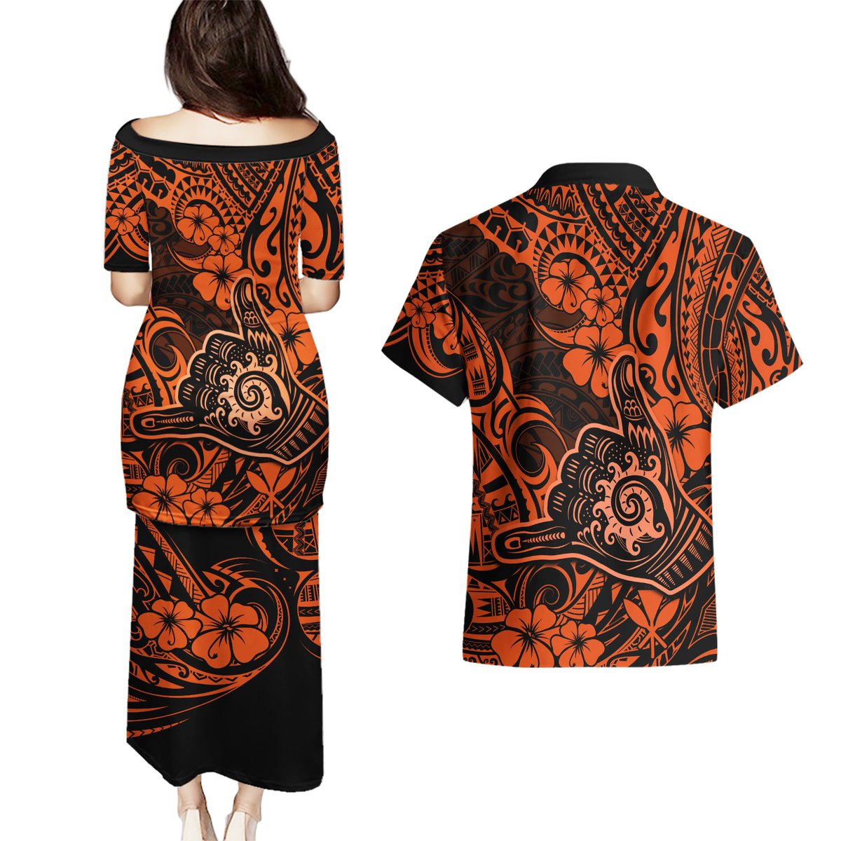 Hawaii Shaka Sign Couples Matching Puletasi Dress and Hawaiian Shirt With Polynesian Hibiscus Orange Unique LT01 - Polynesian Pride