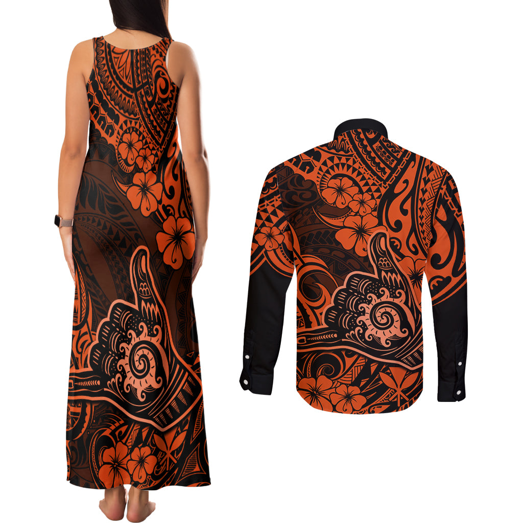 Hawaii Shaka Sign Couples Matching Tank Maxi Dress and Long Sleeve Button Shirts With Polynesian Hibiscus Orange Unique LT01 - Polynesian Pride