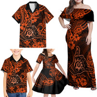 Hawaii Shaka Sign Family Matching Off Shoulder Maxi Dress and Hawaiian Shirt With Polynesian Hibiscus Orange Unique LT01 - Polynesian Pride