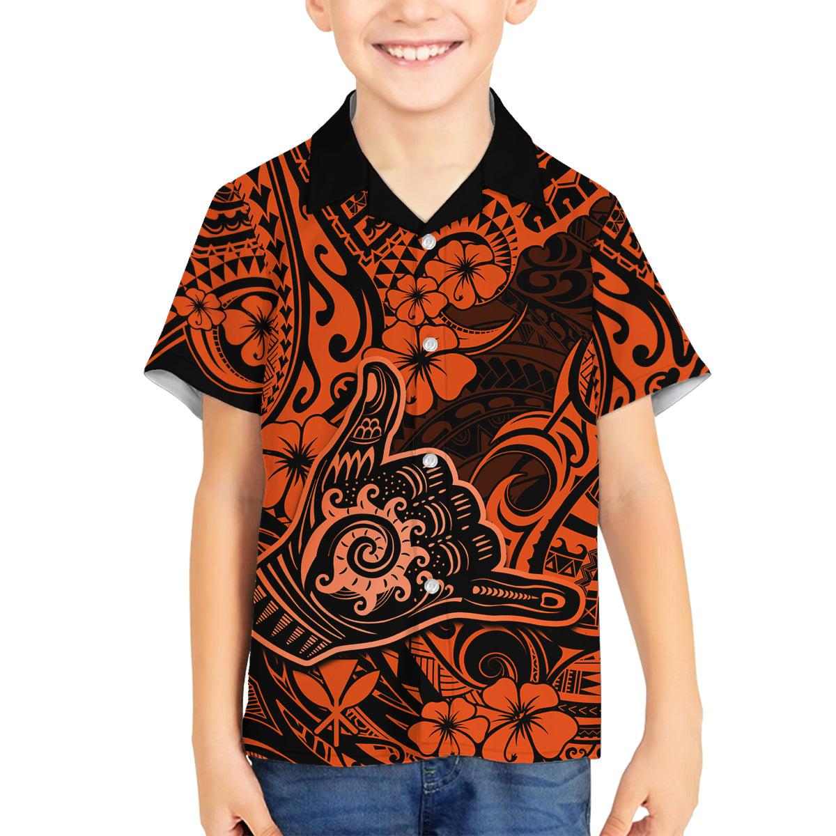 Hawaii Shaka Sign Family Matching Puletasi Dress and Hawaiian Shirt With Polynesian Hibiscus Orange Unique LT01 Son's Shirt Orange - Polynesian Pride