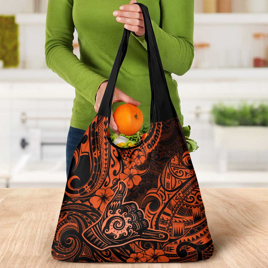 Hawaii Shaka Sign Grocery Bag With Polynesian Hibiscus Orange Unique