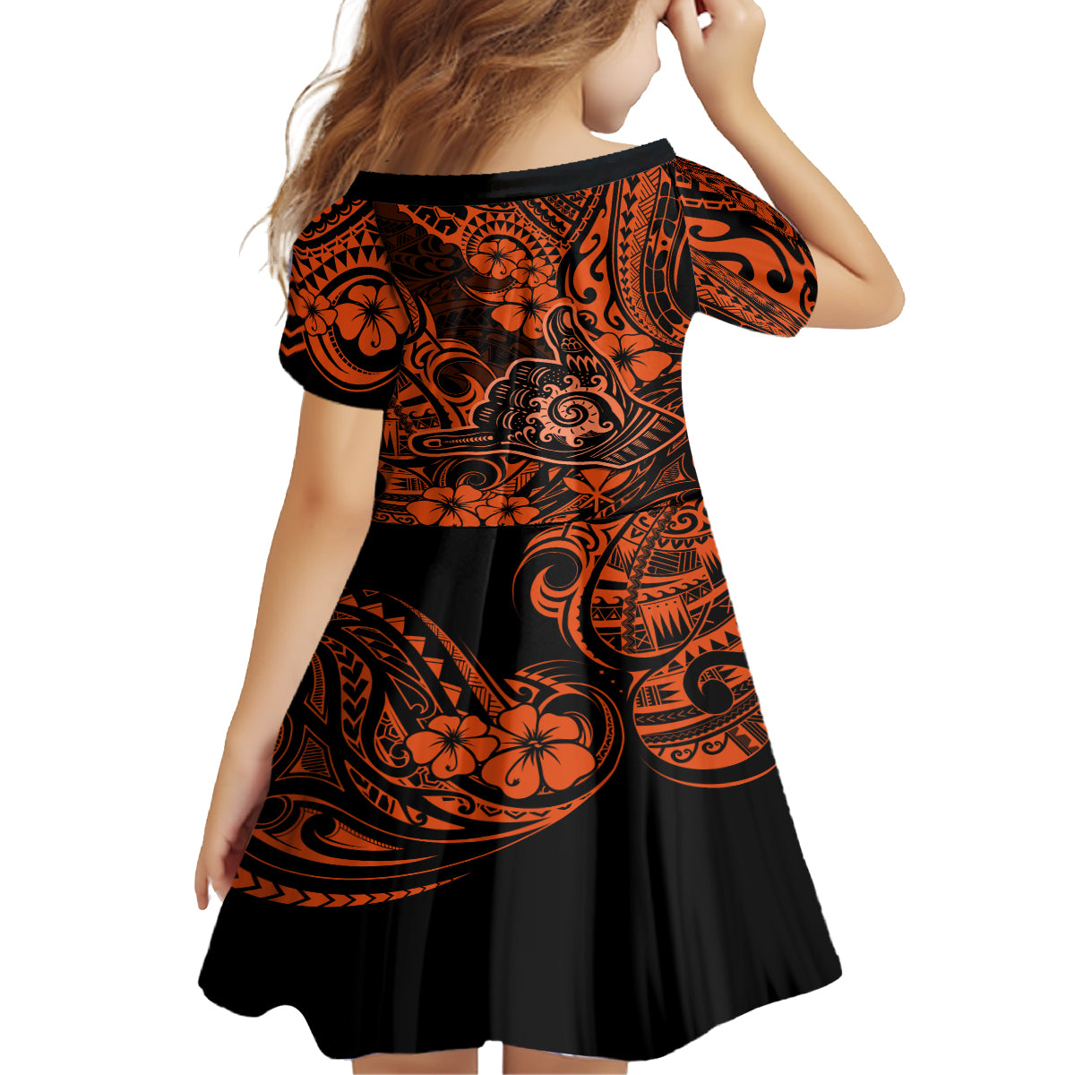 Hawaii Shaka Sign Kid Short Sleeve Dress With Polynesian Hibiscus Orange Unique LT01 - Polynesian Pride