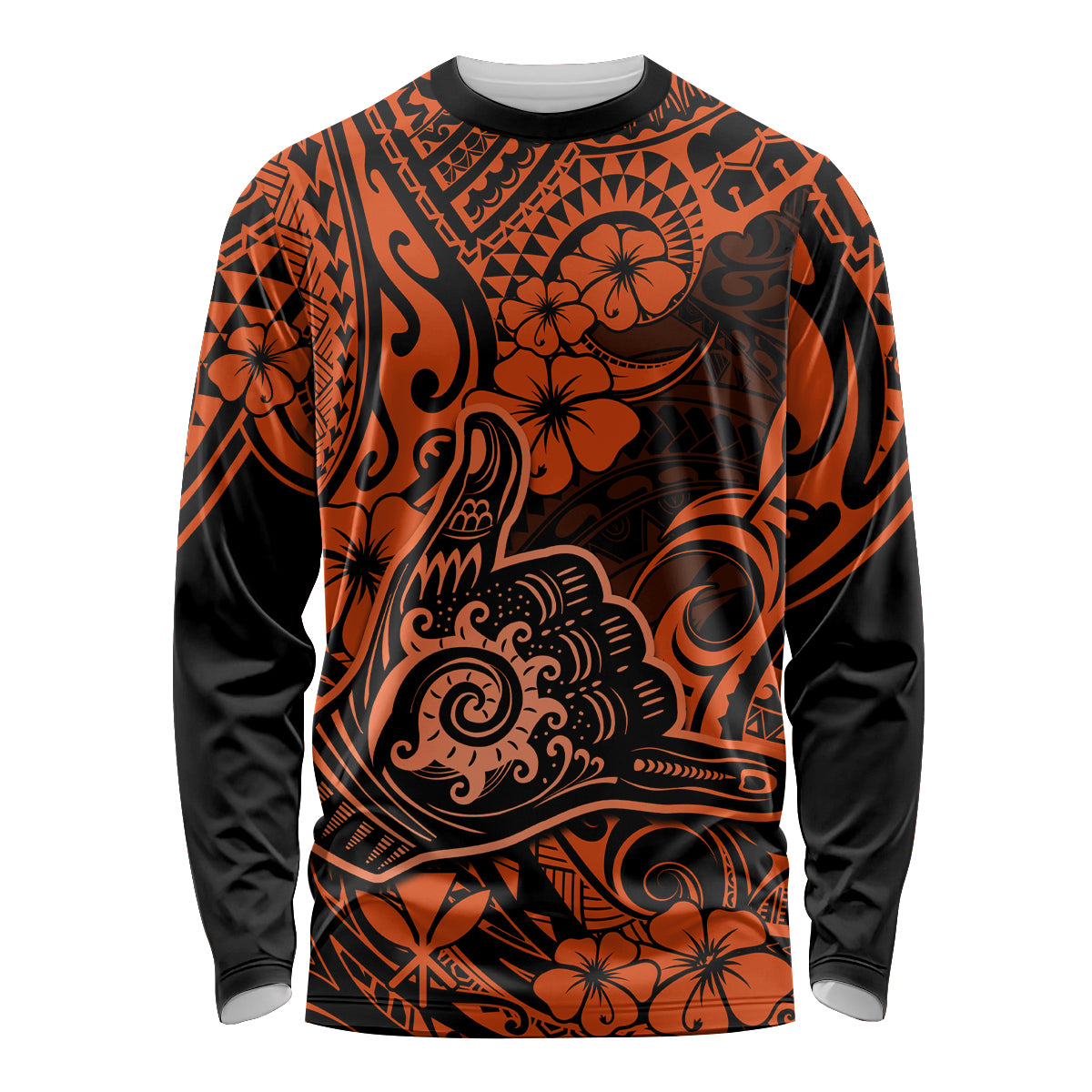 Hawaii Shaka Sign Long Sleeve Shirt With Polynesian Hibiscus Orange Unique LT01 Unisex Orange - Polynesian Pride