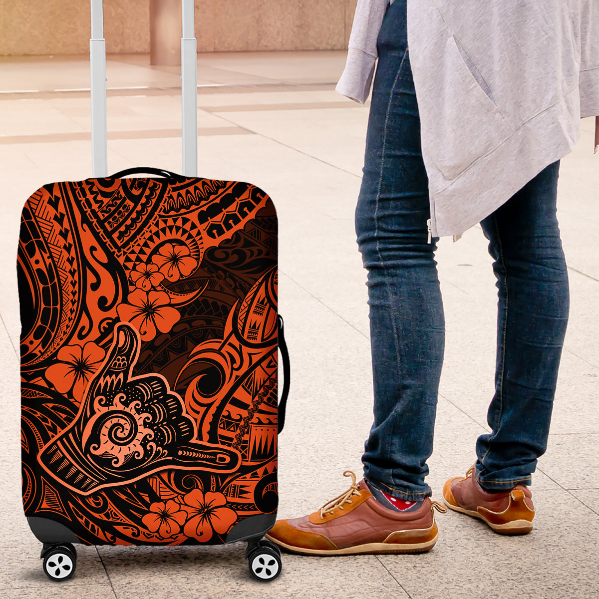 Hawaii Shaka Sign Luggage Cover With Polynesian Hibiscus Orange Unique LT01 Orange - Polynesian Pride