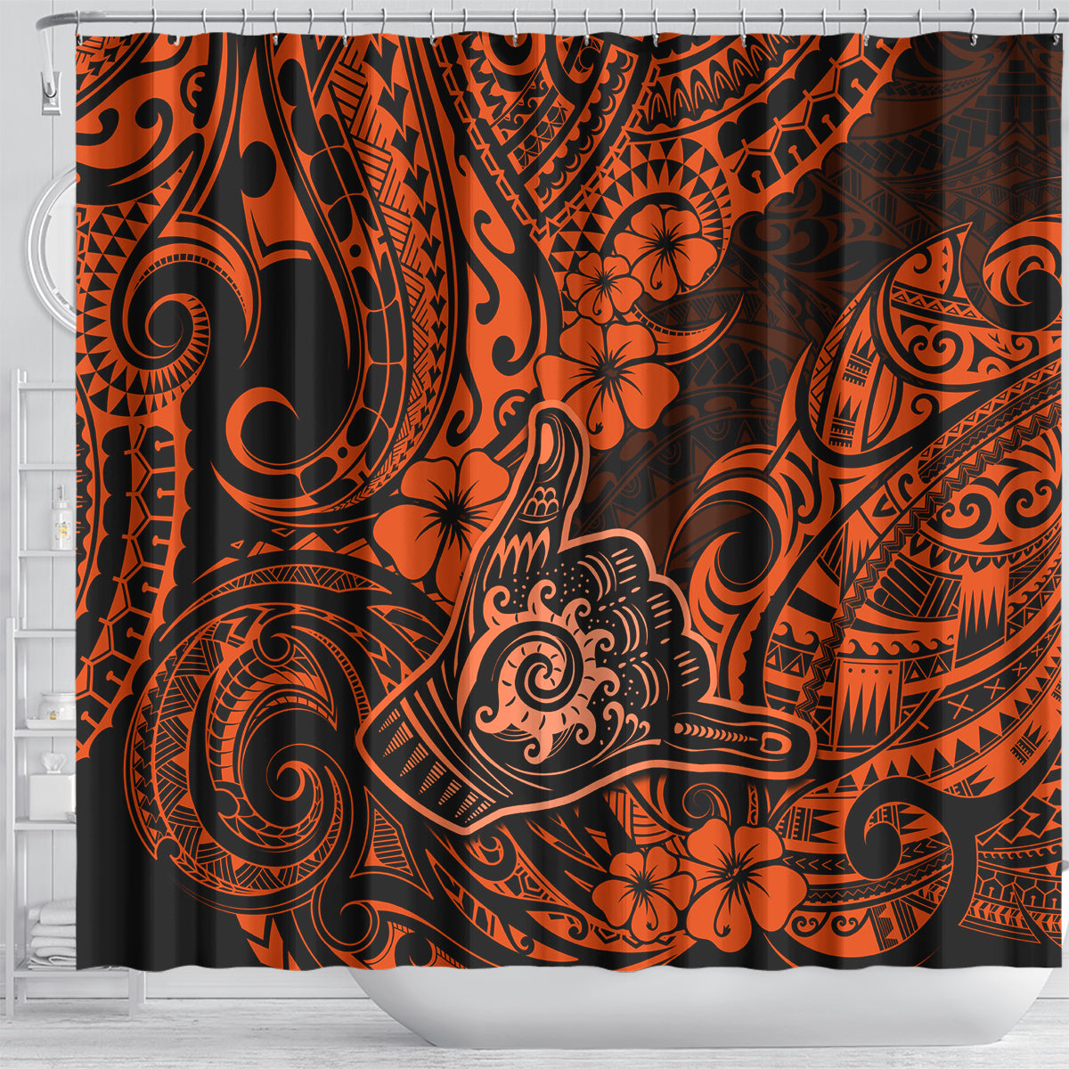 Hawaii Shaka Sign Shower Curtain With Polynesian Hibiscus Orange Unique LT01 - Polynesian Pride