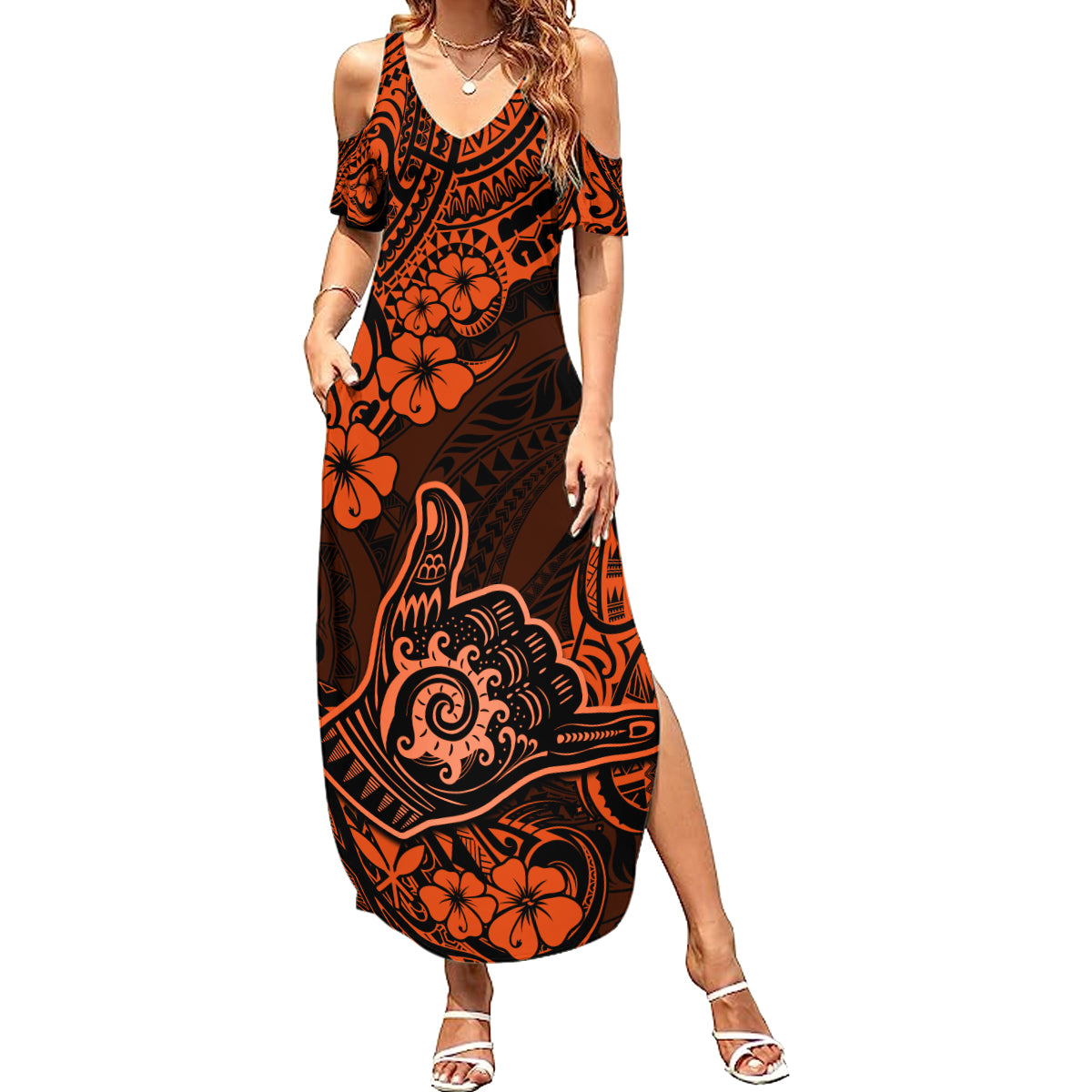 Hawaii Shaka Sign Summer Maxi Dress With Polynesian Hibiscus Orange Unique LT01 Women Orange - Polynesian Pride