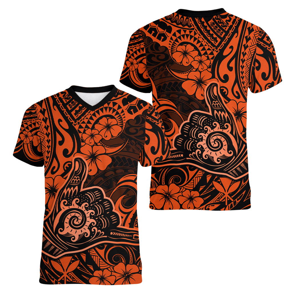 Hawaii Shaka Sign Women V Neck T Shirt With Polynesian Hibiscus Orange Unique LT01 - Polynesian Pride