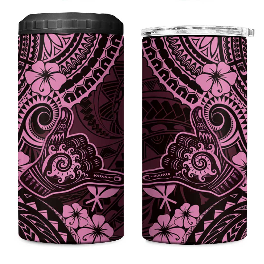 Hawaii Shaka Sign 4 in 1 Can Cooler Tumbler With Polynesian Hibiscus Pink Unique