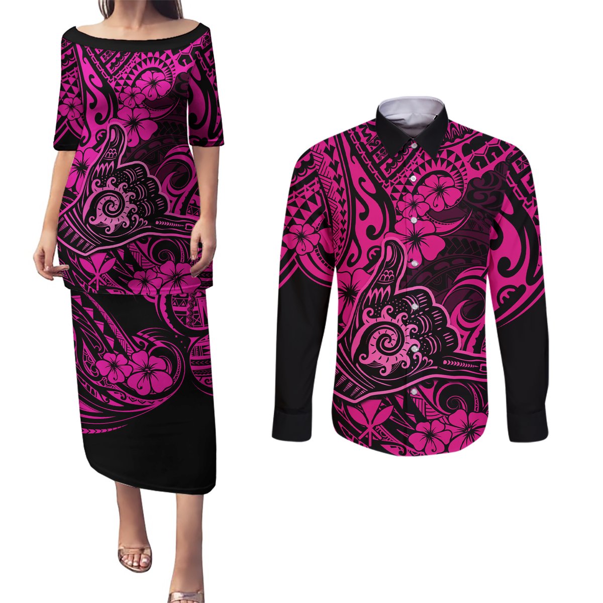 Hawaii Shaka Sign Couples Matching Puletasi Dress and Long Sleeve Button Shirts With Polynesian Hibiscus Pink Unique LT01 Pink - Polynesian Pride