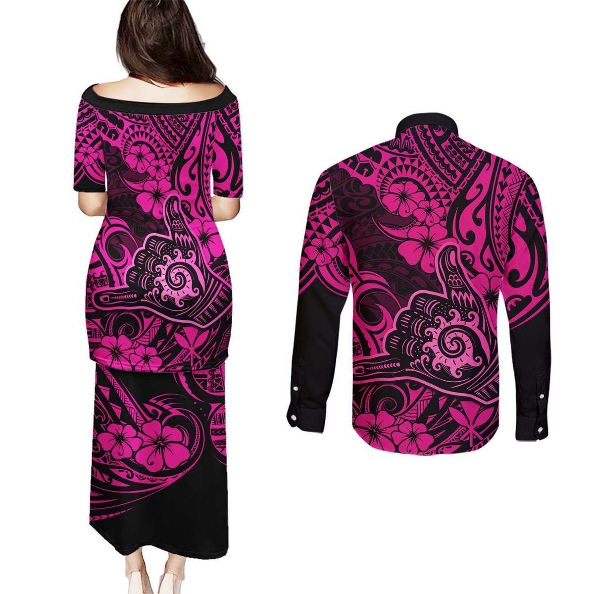 Hawaii Shaka Sign Couples Matching Puletasi Dress and Long Sleeve Button Shirts With Polynesian Hibiscus Pink Unique LT01 - Polynesian Pride