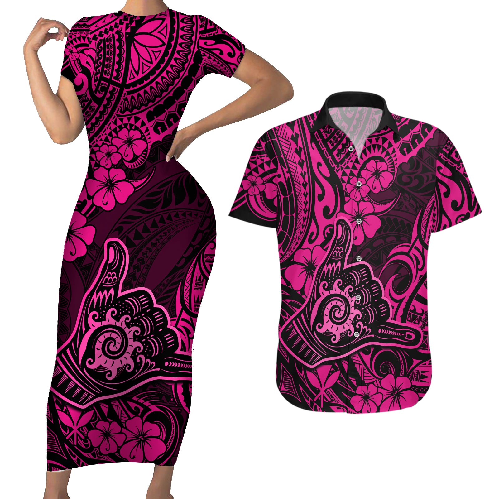 Hawaii Shaka Sign Couples Matching Short Sleeve Bodycon Dress and Hawaiian Shirt With Polynesian Hibiscus Pink Unique LT01 Pink - Polynesian Pride