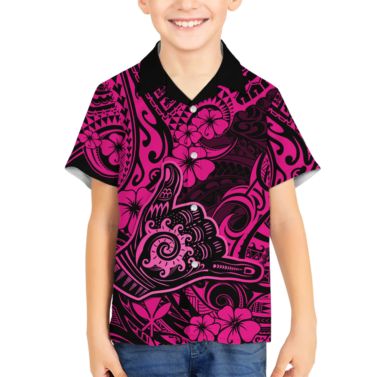 Hawaii Shaka Sign Family Matching Off Shoulder Short Dress and Hawaiian Shirt With Polynesian Hibiscus Pink Unique LT01 Son's Shirt Pink - Polynesian Pride