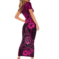 Hawaii Shaka Sign Short Sleeve Bodycon Dress With Polynesian Hibiscus Pink Unique LT01 - Polynesian Pride