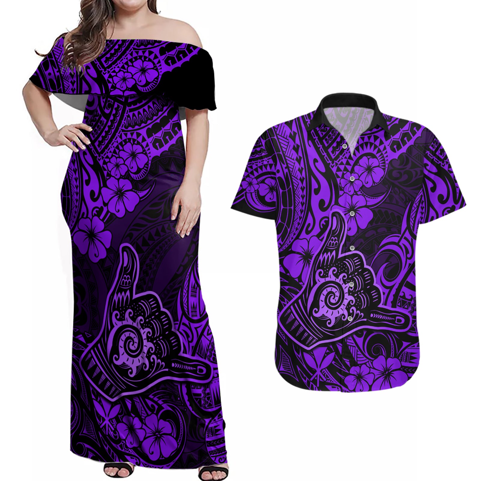 Hawaii Shaka Sign Couples Matching Off Shoulder Maxi Dress and Hawaiian Shirt Polynesian Pattern Purple Version LT01 Purple - Polynesian Pride