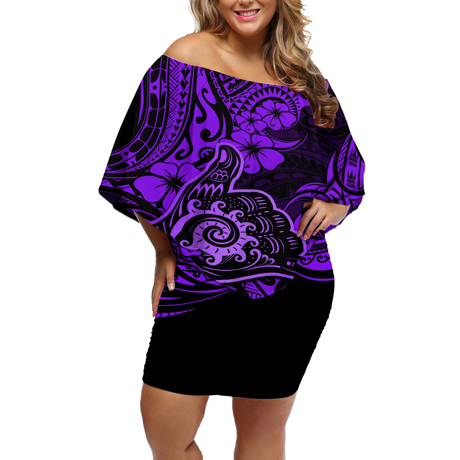 Hawaii Shaka Sign Off Shoulder Short Dress Polynesian Pattern Purple Version LT01 Women Purple - Polynesian Pride