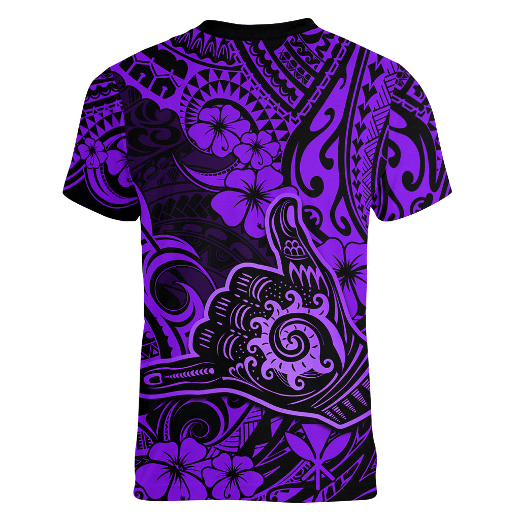Hawaii Shaka Sign Women V Neck T Shirt Polynesian Pattern Purple Version LT01 - Polynesian Pride