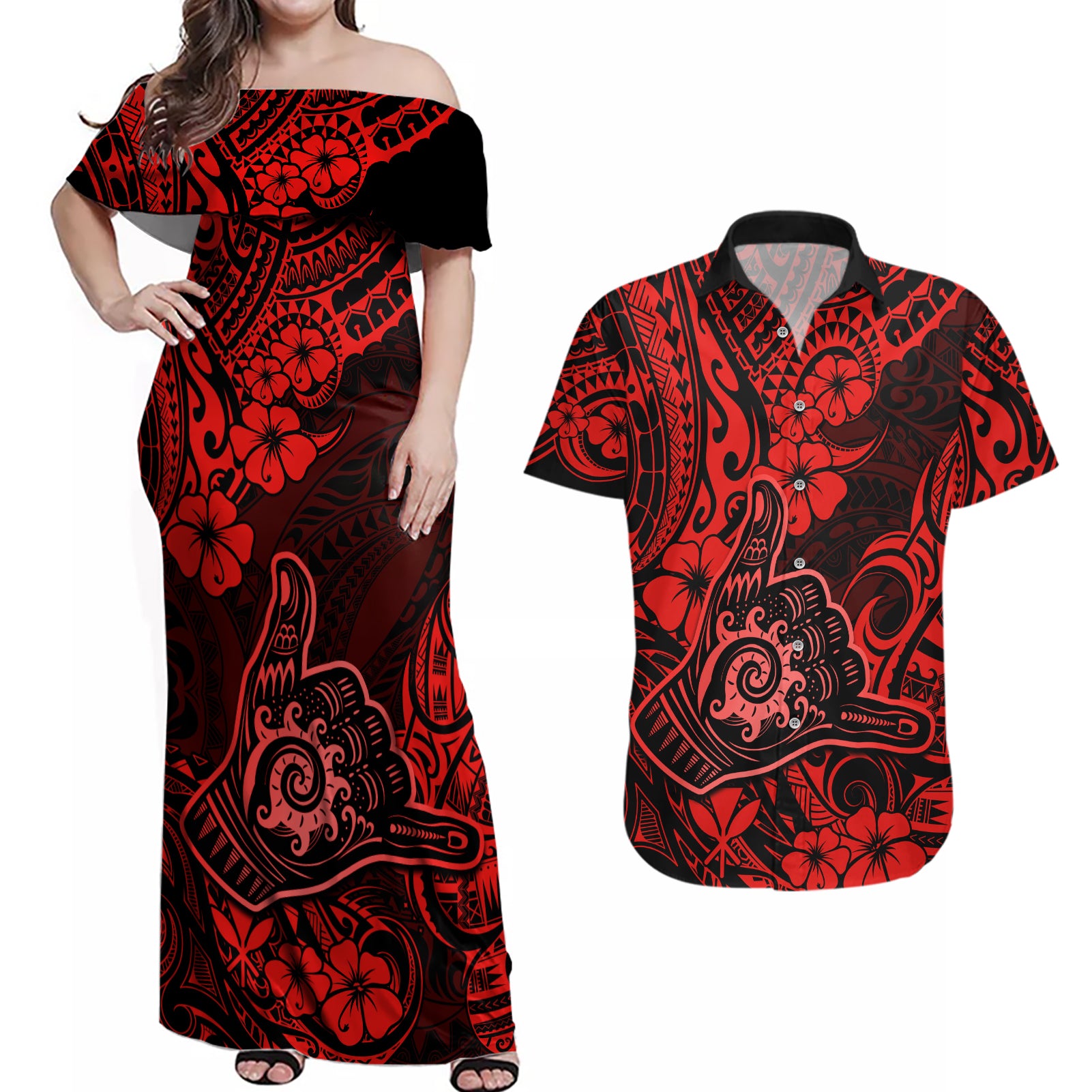 Hawaii Shaka Sign Couples Matching Off Shoulder Maxi Dress and Hawaiian Shirt Polynesian Pattern Red Version LT01 Red - Polynesian Pride