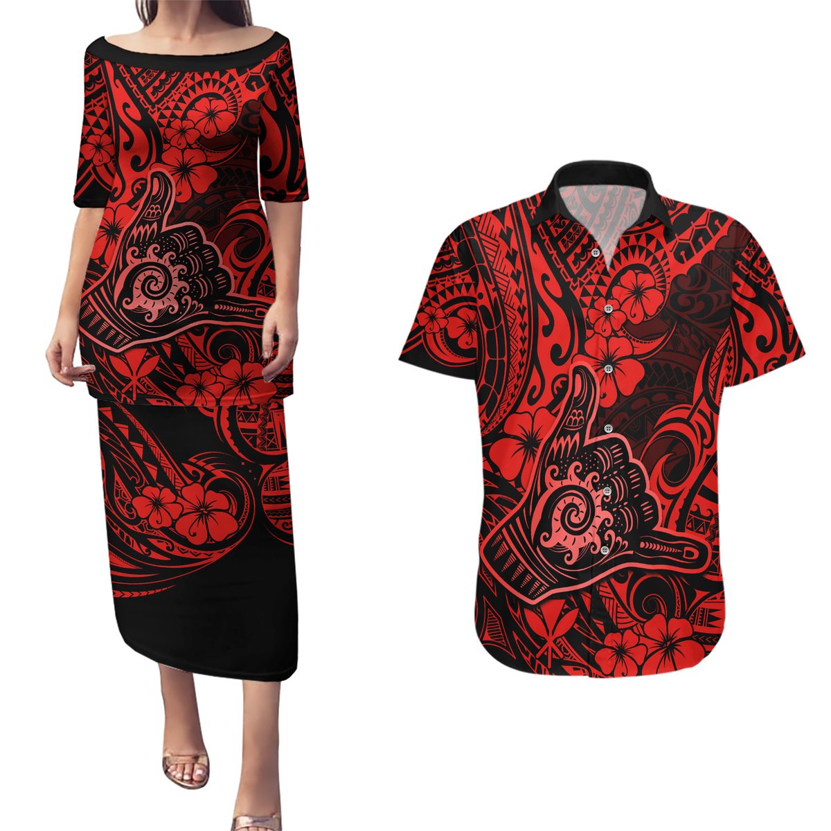 Hawaii Shaka Sign Couples Matching Puletasi Dress and Hawaiian Shirt Polynesian Pattern Red Version LT01 Red - Polynesian Pride