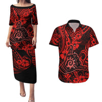 Hawaii Shaka Sign Couples Matching Puletasi Dress and Hawaiian Shirt Polynesian Pattern Red Version LT01 Red - Polynesian Pride