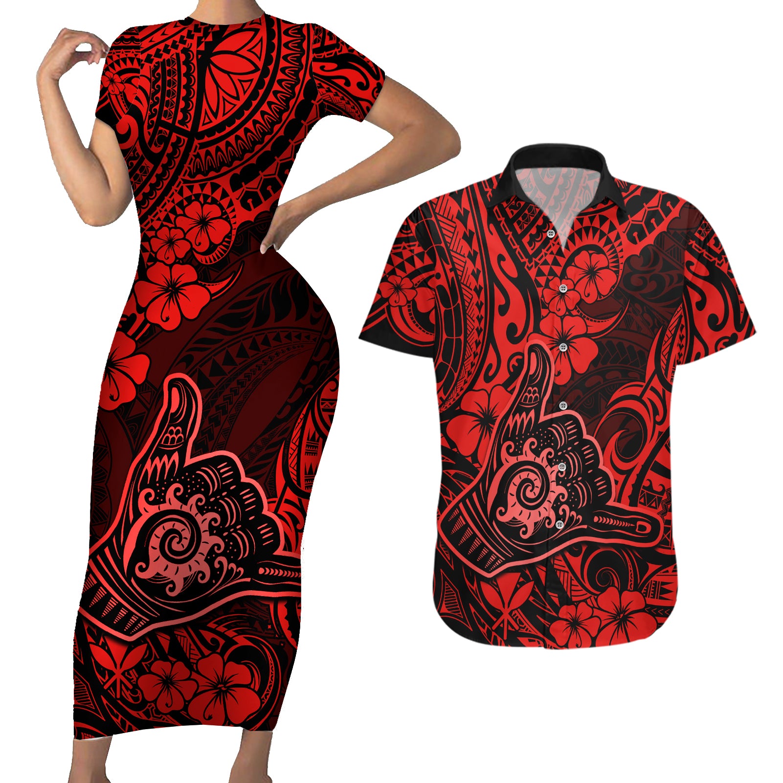 Hawaii Shaka Sign Couples Matching Short Sleeve Bodycon Dress and Hawaiian Shirt Polynesian Pattern Red Version LT01 Red - Polynesian Pride