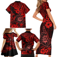 Hawaii Shaka Sign Family Matching Short Sleeve Bodycon Dress and Hawaiian Shirt Polynesian Pattern Red Version LT01 - Polynesian Pride