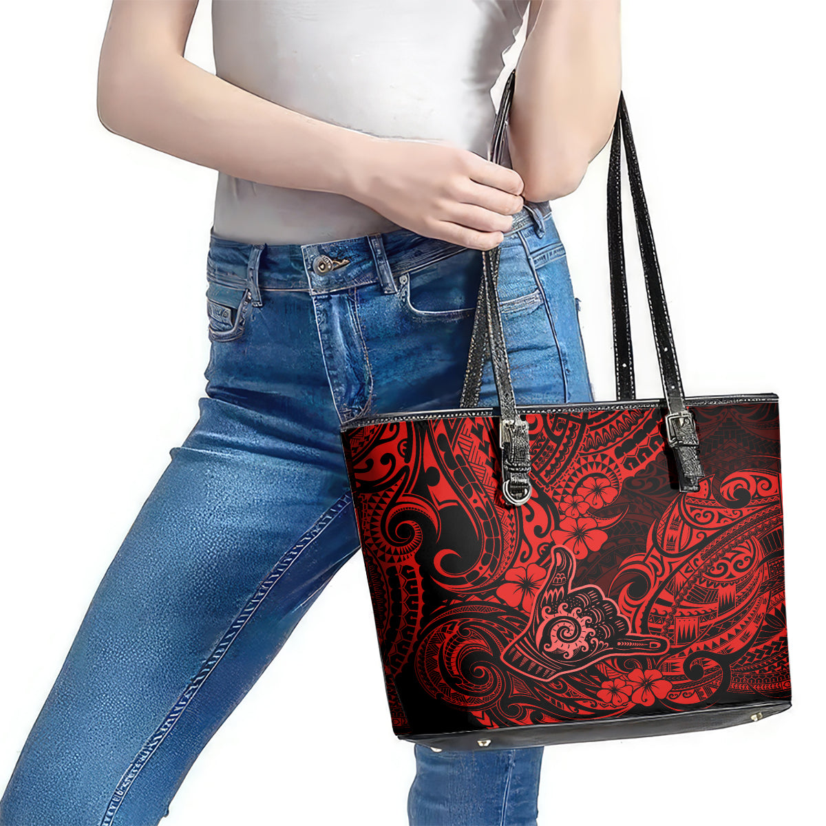 Hawaii Shaka Sign Leather Tote Bag Polynesian Pattern Red Version LT01 - Polynesian Pride