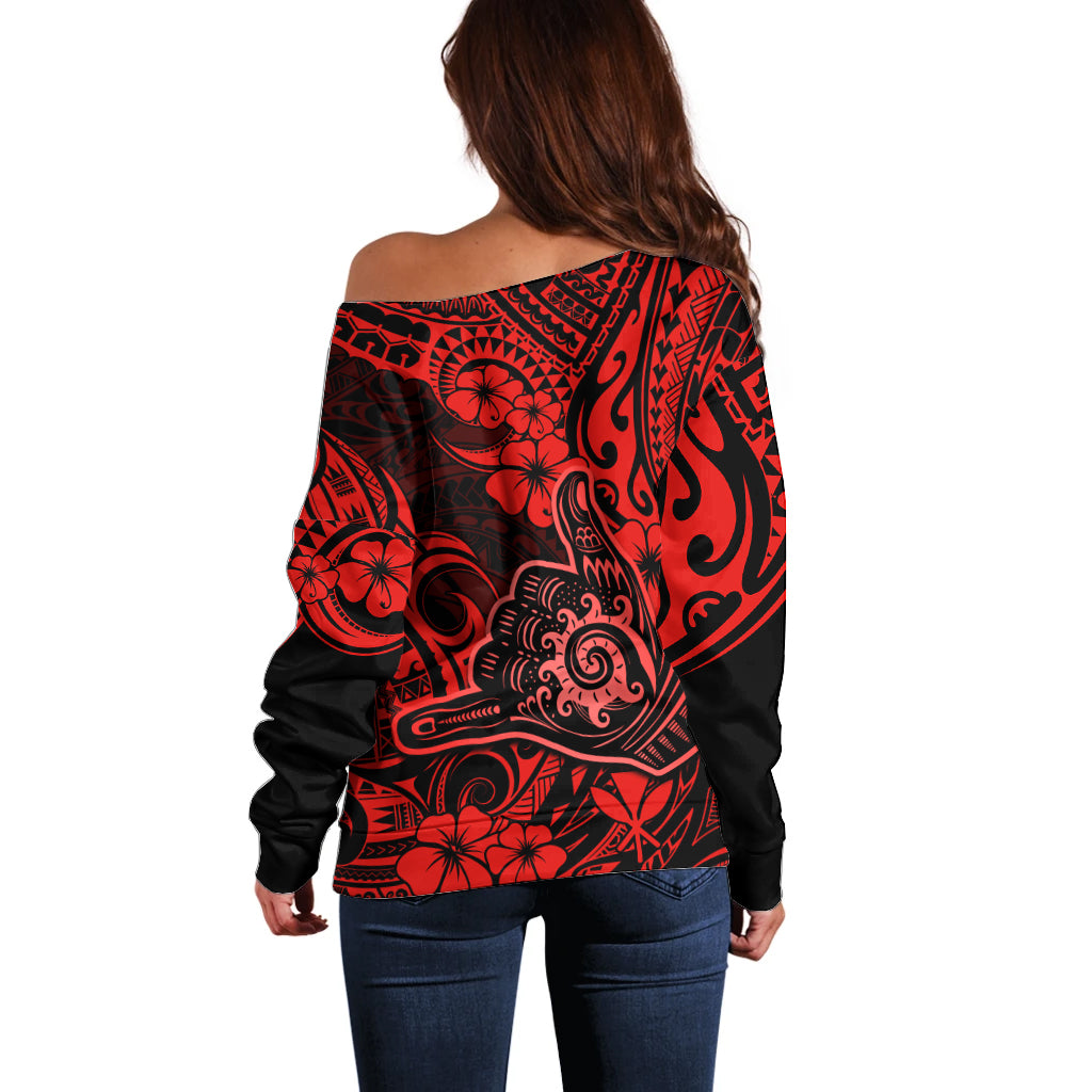 Hawaii Shaka Sign Off Shoulder Sweater Polynesian Pattern Red Version LT01 - Polynesian Pride