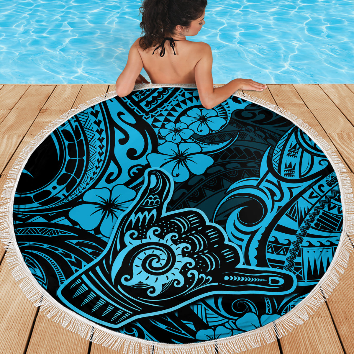 Hawaii Shaka Sign Beach Blanket Polynesian Pattern Sky Blue Version LT01 - Wonder Print Shop
