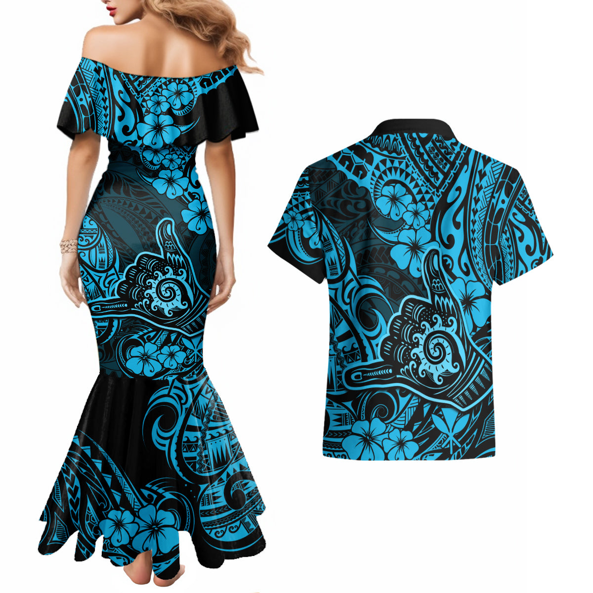 Hawaii Shaka Sign Couples Matching Mermaid Dress and Hawaiian Shirt Polynesian Pattern Sky Blue Version LT01 - Polynesian Pride