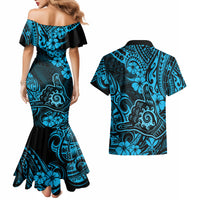 Hawaii Shaka Sign Couples Matching Mermaid Dress and Hawaiian Shirt Polynesian Pattern Sky Blue Version LT01 - Polynesian Pride