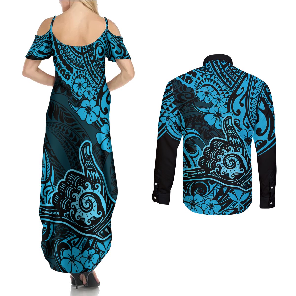 Hawaii Shaka Sign Couples Matching Summer Maxi Dress and Long Sleeve Button Shirts Polynesian Pattern Sky Blue Version LT01 - Polynesian Pride