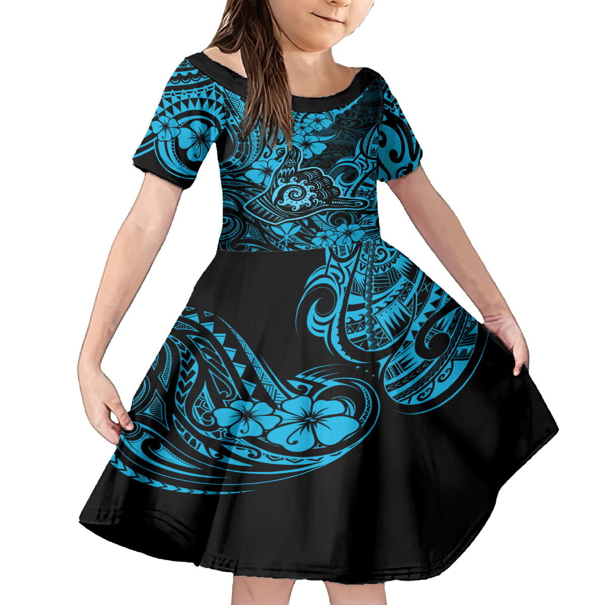 Hawaii Shaka Sign Family Matching Off Shoulder Long Sleeve Dress and Hawaiian Shirt Polynesian Pattern Sky Blue Version LT01 Daughter's Dress Blue - Polynesian Pride