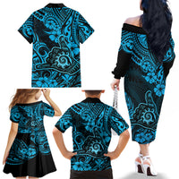 Hawaii Shaka Sign Family Matching Off Shoulder Long Sleeve Dress and Hawaiian Shirt Polynesian Pattern Sky Blue Version LT01 - Polynesian Pride