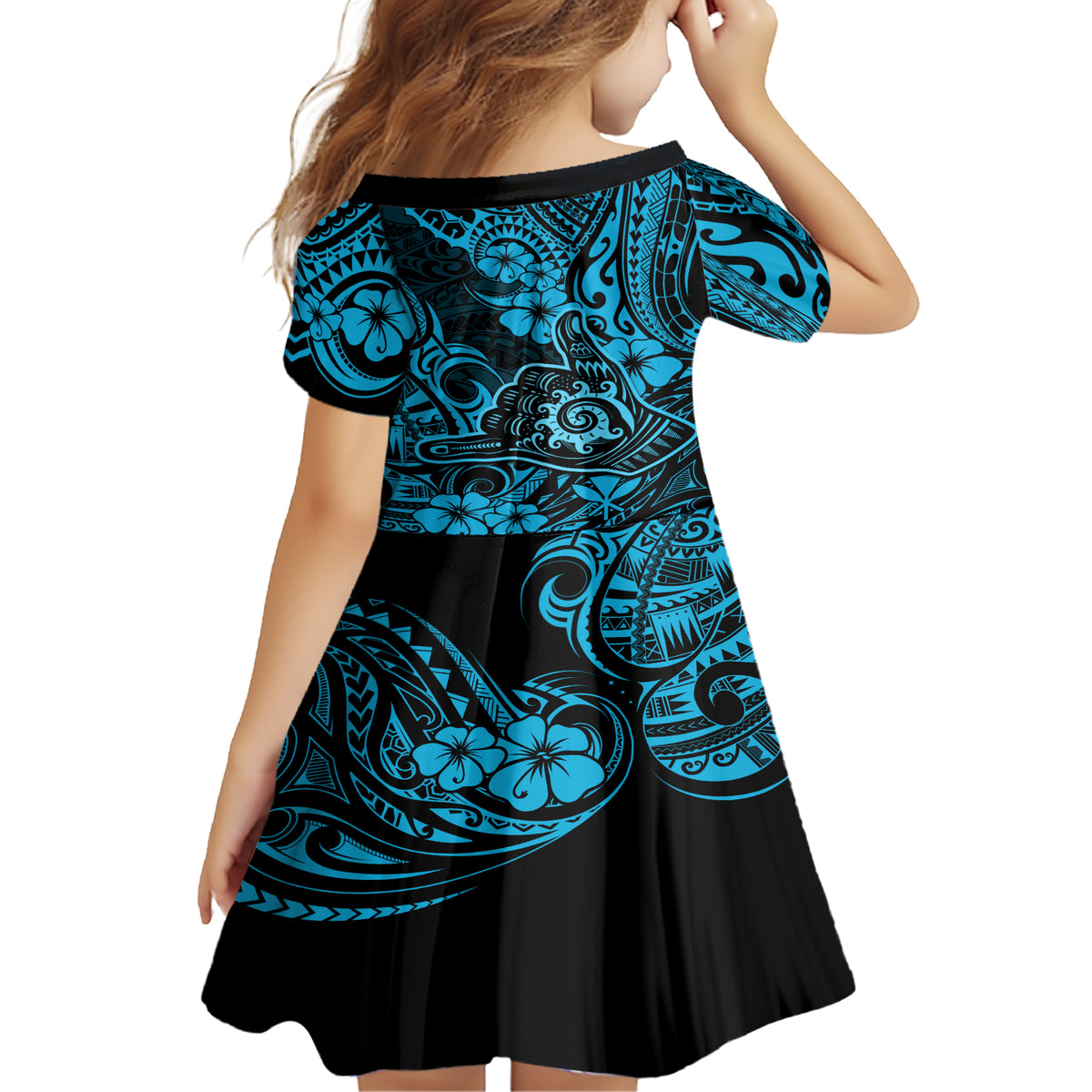 Hawaii Shaka Sign Family Matching Short Sleeve Bodycon Dress and Hawaiian Shirt Polynesian Pattern Sky Blue Version LT01 - Polynesian Pride