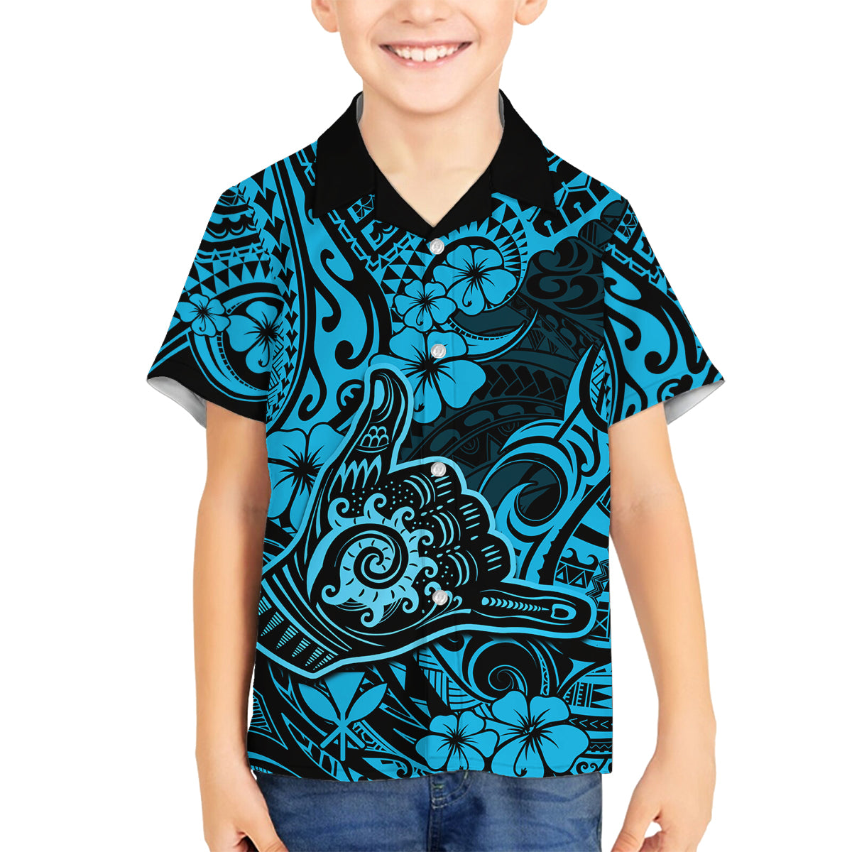 Hawaii Shaka Sign Family Matching Summer Maxi Dress and Hawaiian Shirt Polynesian Pattern Sky Blue Version LT01 Son's Shirt Blue - Polynesian Pride