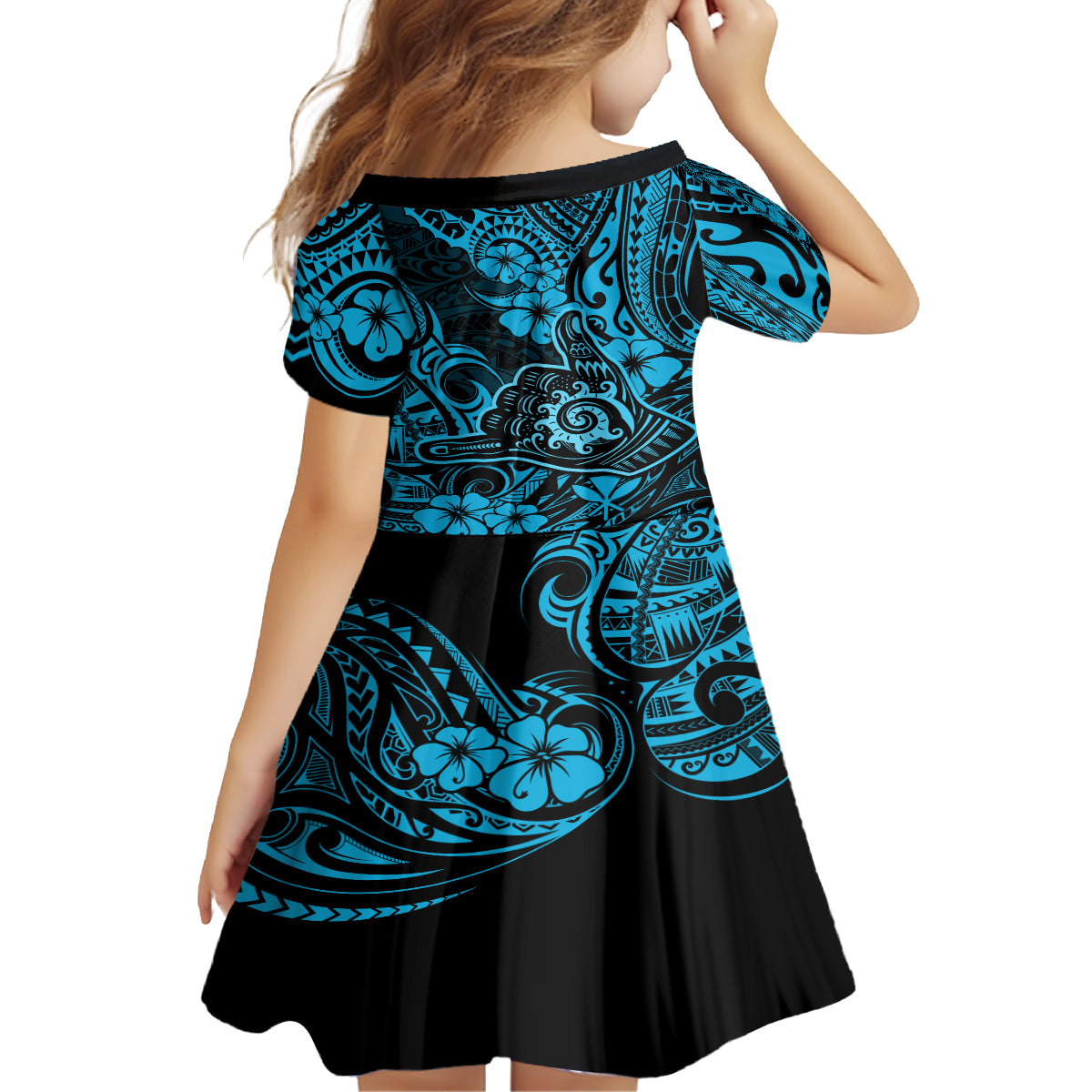 Hawaii Shaka Sign Kid Short Sleeve Dress Polynesian Pattern Sky Blue Version LT01 - Polynesian Pride