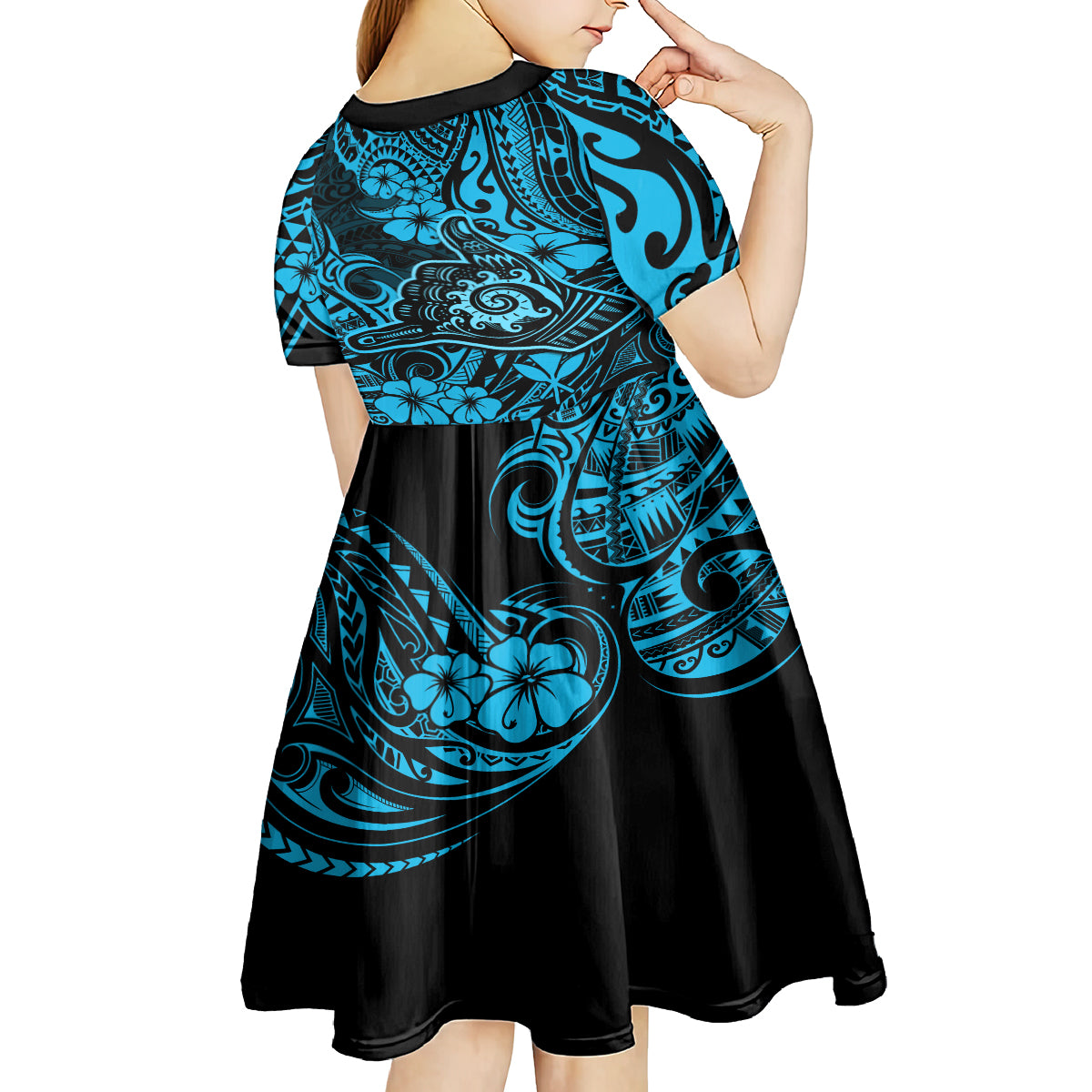 Hawaii Shaka Sign Kid Short Sleeve Dress Polynesian Pattern Sky Blue Version LT01 - Polynesian Pride