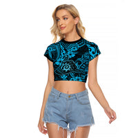 Hawaii Shaka Sign Raglan Cropped T Shirt Polynesian Pattern Sky Blue Version LT01 Female Blue - Polynesian Pride