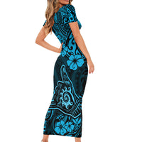Hawaii Shaka Sign Short Sleeve Bodycon Dress Polynesian Pattern Sky Blue Version LT01 - Polynesian Pride