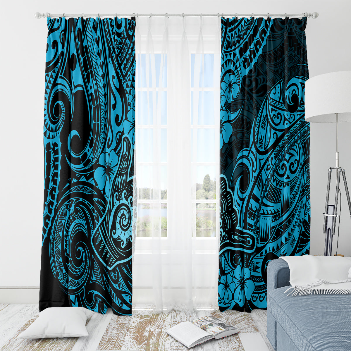 Hawaii Shaka Sign Window Curtain Polynesian Pattern Sky Blue Version LT01 - Polynesian Pride