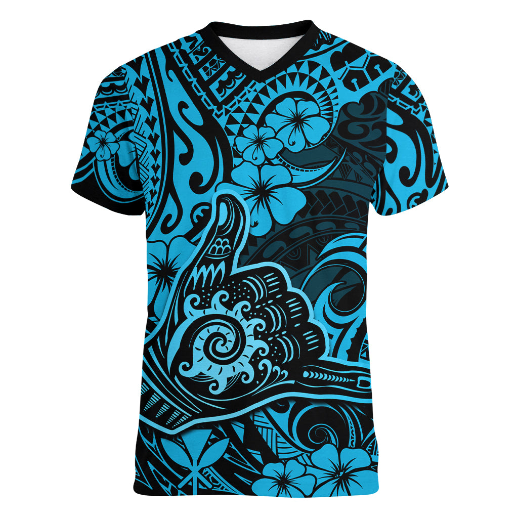 Hawaii Shaka Sign Women V Neck T Shirt Polynesian Pattern Sky Blue Version LT01 Female Blue - Polynesian Pride
