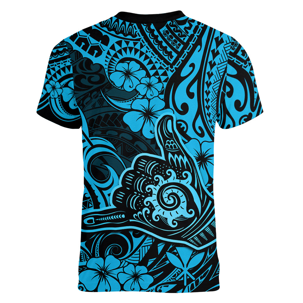 Hawaii Shaka Sign Women V Neck T Shirt Polynesian Pattern Sky Blue Version LT01 - Polynesian Pride