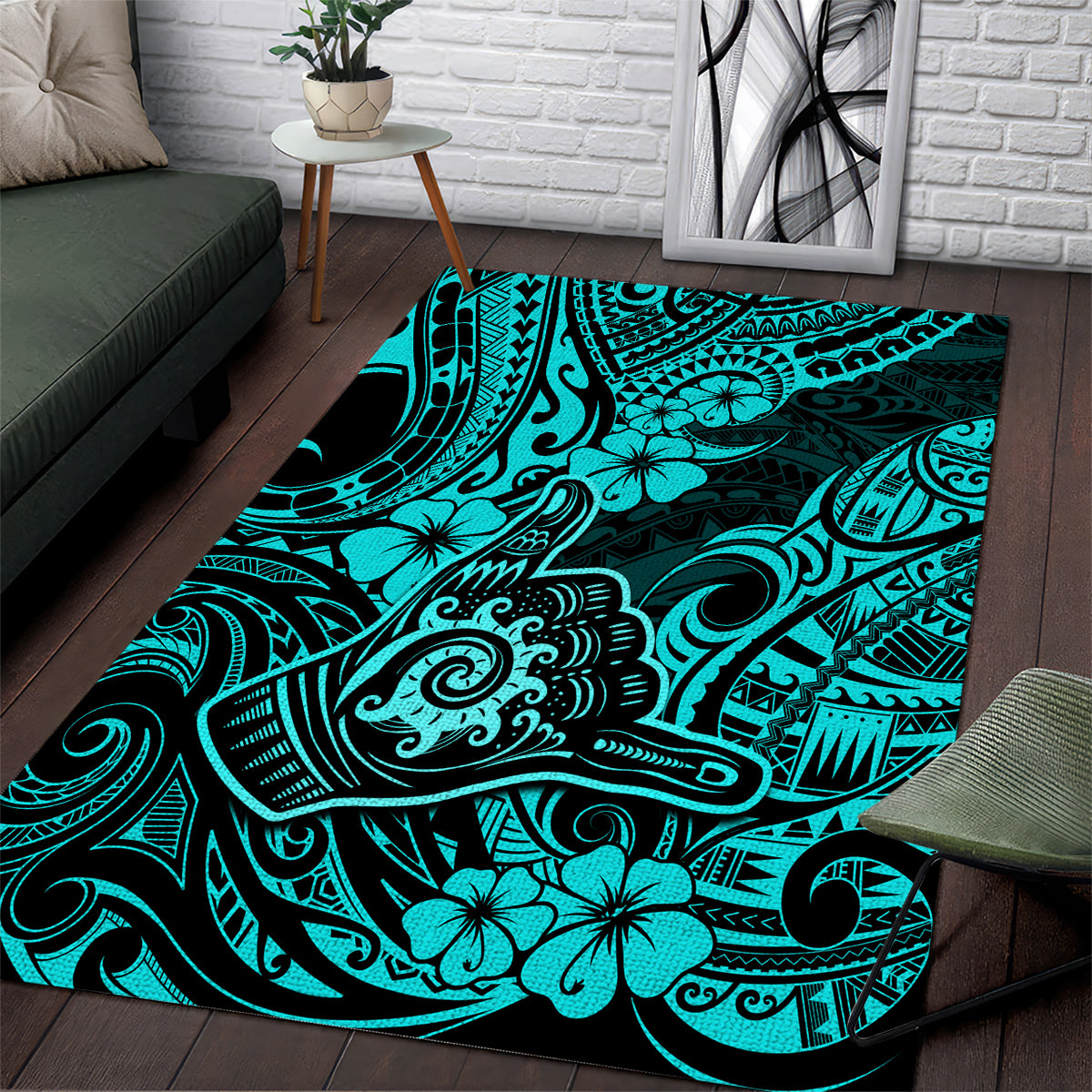 Hawaii Shaka Sign Area Rug Polynesian Pattern Turquoise Version LT01 Turquoise - Polynesian Pride