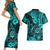 Hawaii Shaka Sign Couples Matching Short Sleeve Bodycon Dress and Hawaiian Shirt Polynesian Pattern Turquoise Version LT01 - Polynesian Pride